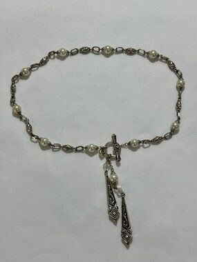 Brighton ZOE silver plate & faux pearl lariat toggle clasp necklace-fabulous-16”